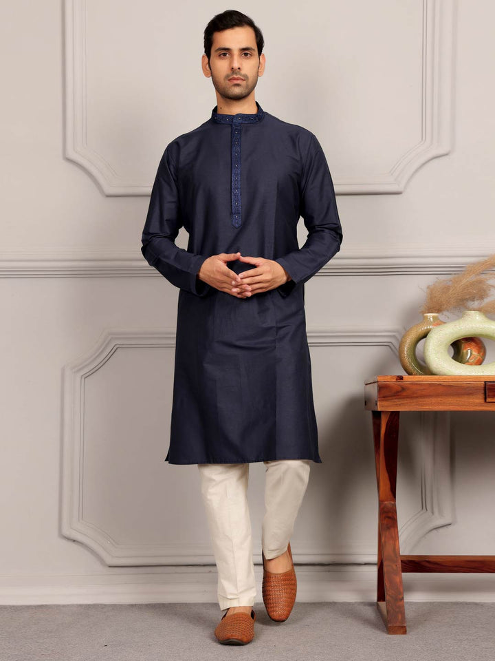 Midnight Blue Delux Cotton Straight Kurta with Embroidered Neck
