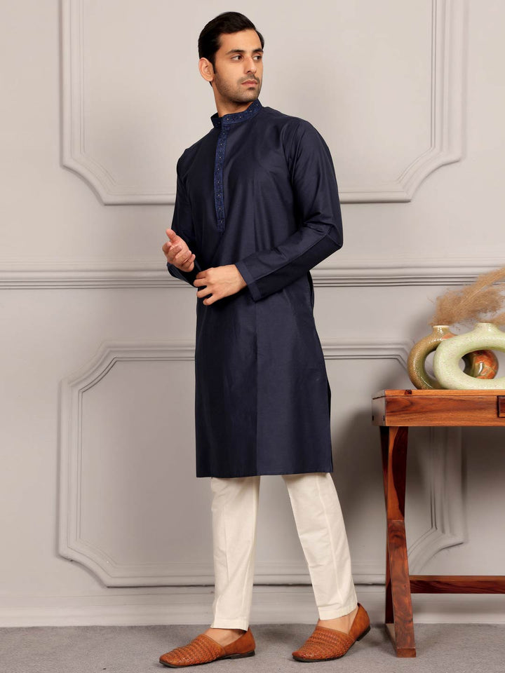 Midnight Blue Delux Cotton Straight Kurta with Embroidered Neck