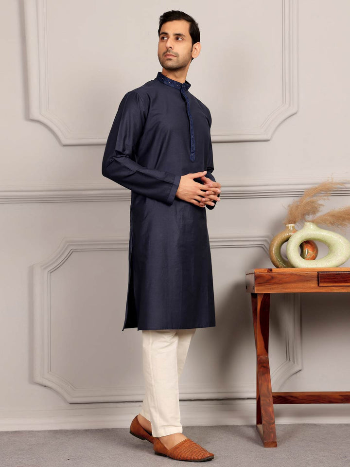 Midnight Blue Delux Cotton Straight Kurta with Embroidered Neck