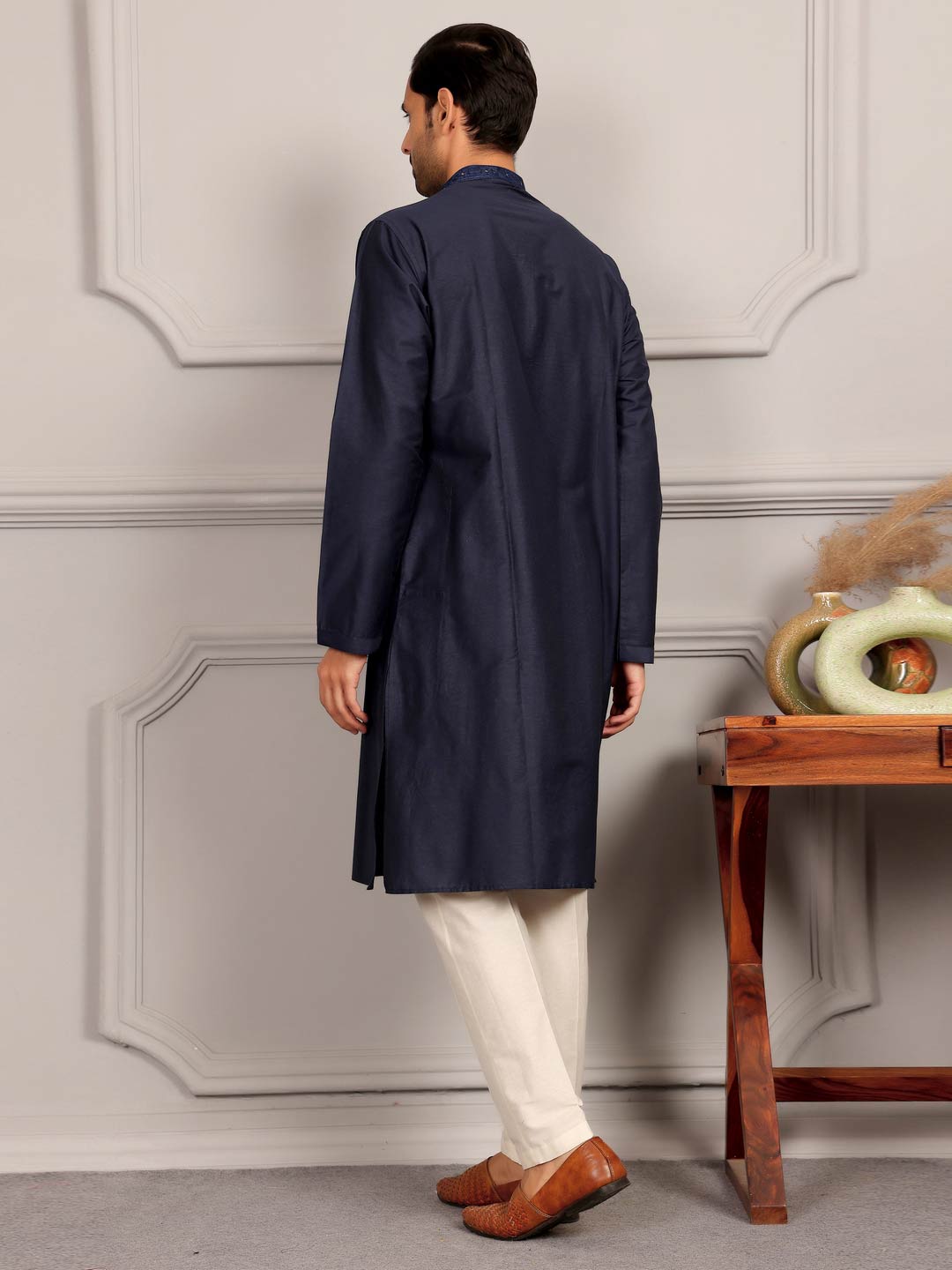 Midnight Blue Delux Cotton Straight Kurta with Embroidered Neck