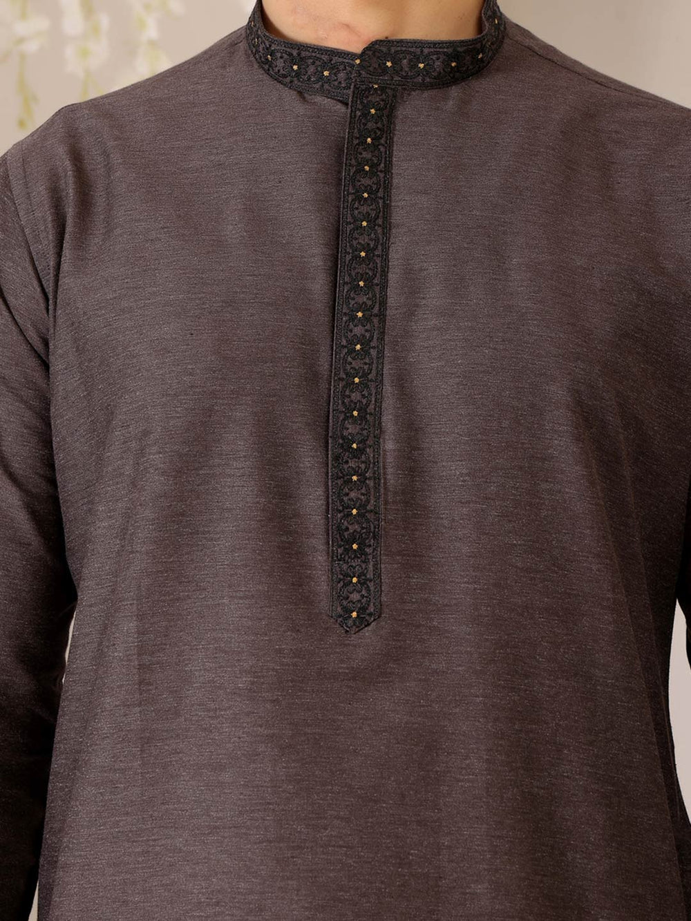 Dark Brown Delux Cotton Straight Kurta with Embroidered Neck – Brown