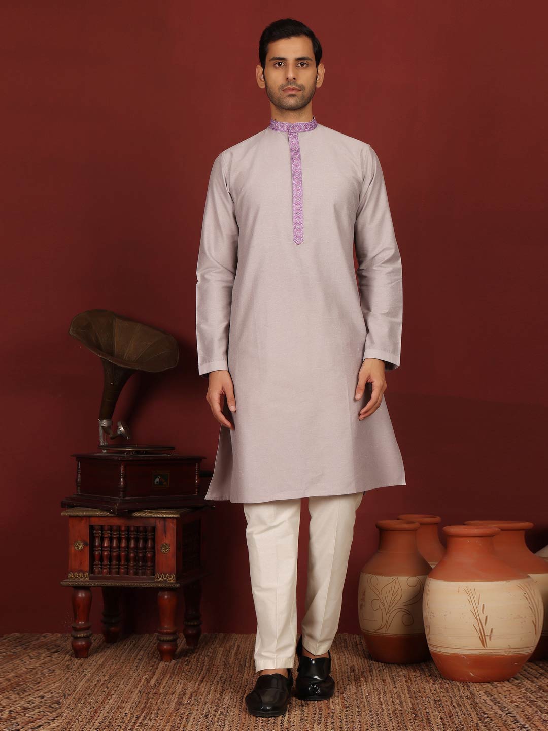 Gray-Purple Delux Cotton Straight Kurta with Purple Embroidered Neck