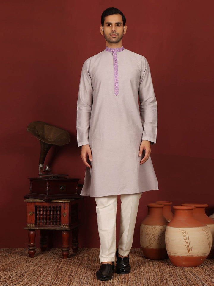 Gray-Purple Delux Cotton Straight Kurta with Purple Embroidered Neck