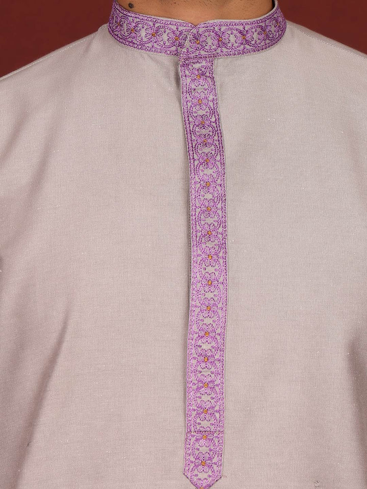 Gray-Purple Delux Cotton Straight Kurta with Purple Embroidered Neck