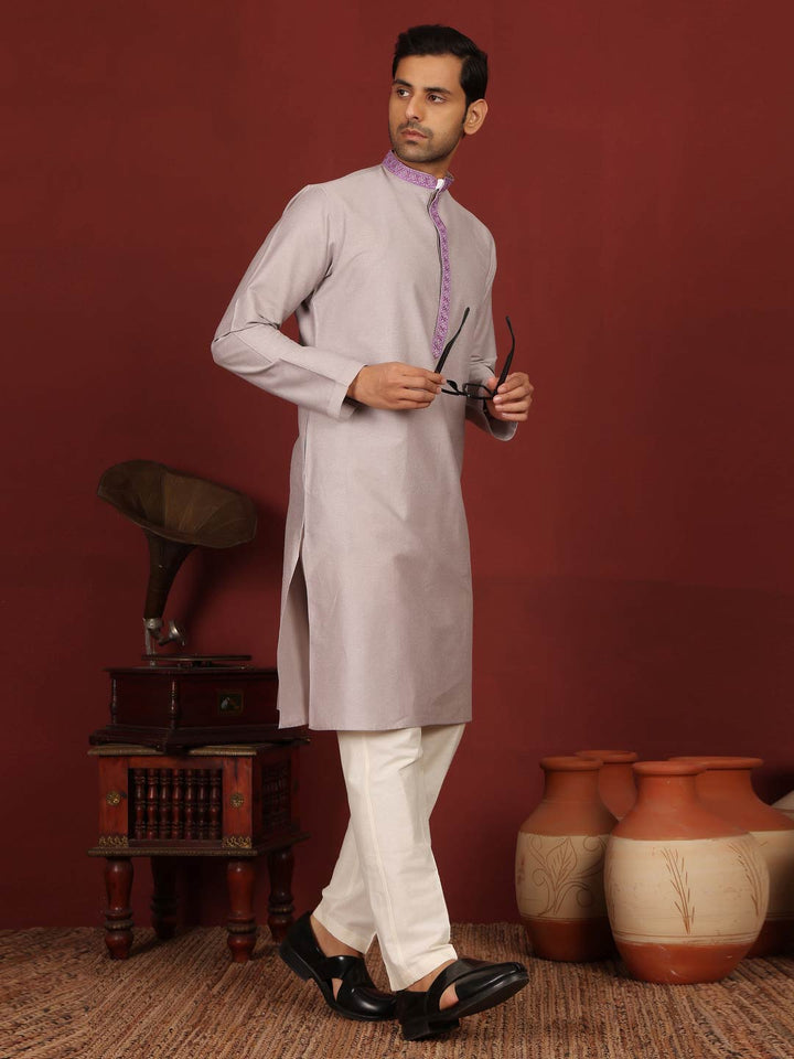 Gray-Purple Delux Cotton Straight Kurta with Purple Embroidered Neck