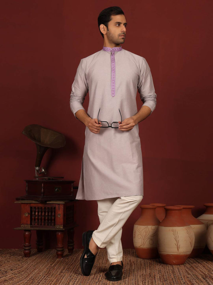 Gray-Purple Delux Cotton Straight Kurta with Purple Embroidered Neck