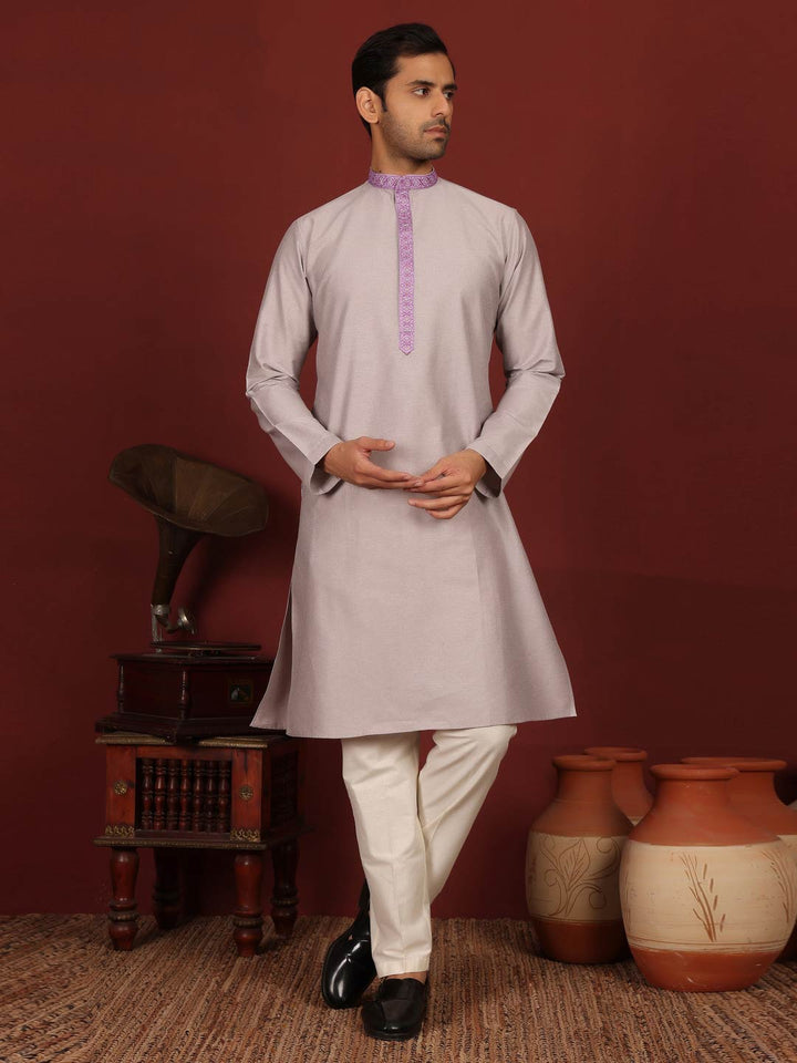 Gray-Purple Delux Cotton Straight Kurta with Purple Embroidered Neck