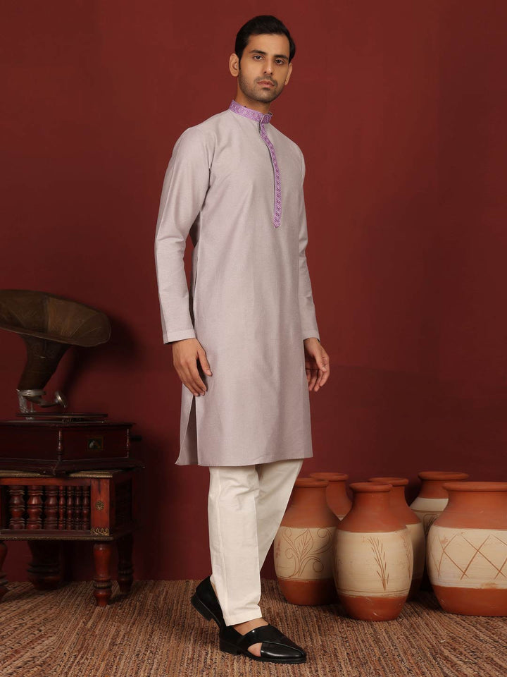 Gray-Purple Delux Cotton Straight Kurta with Purple Embroidered Neck