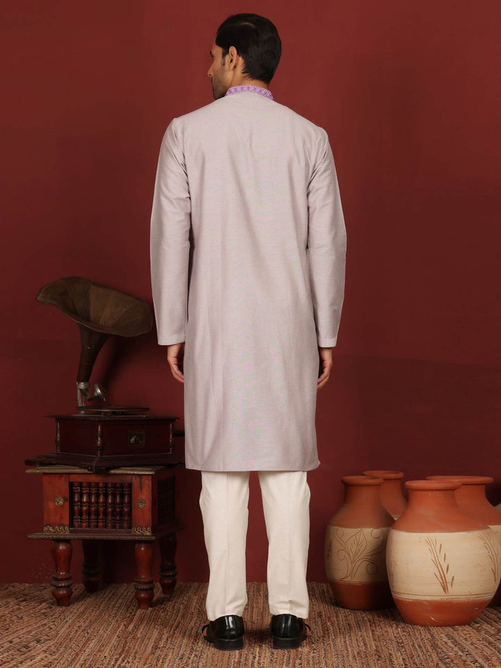 Gray-Purple Delux Cotton Straight Kurta with Purple Embroidered Neck