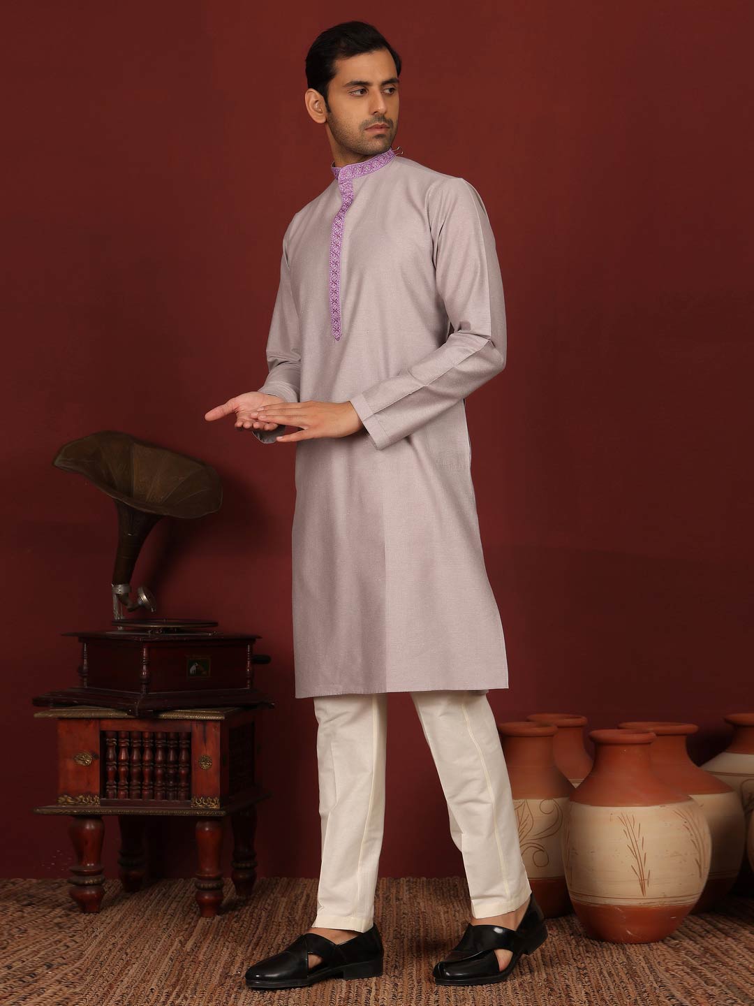 Gray-Purple Delux Cotton Straight Kurta with Purple Embroidered Neck