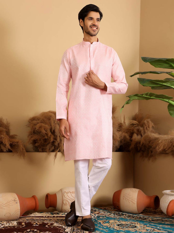 Pink-Silver Woven Jacquard Art Silk Straight Kurta