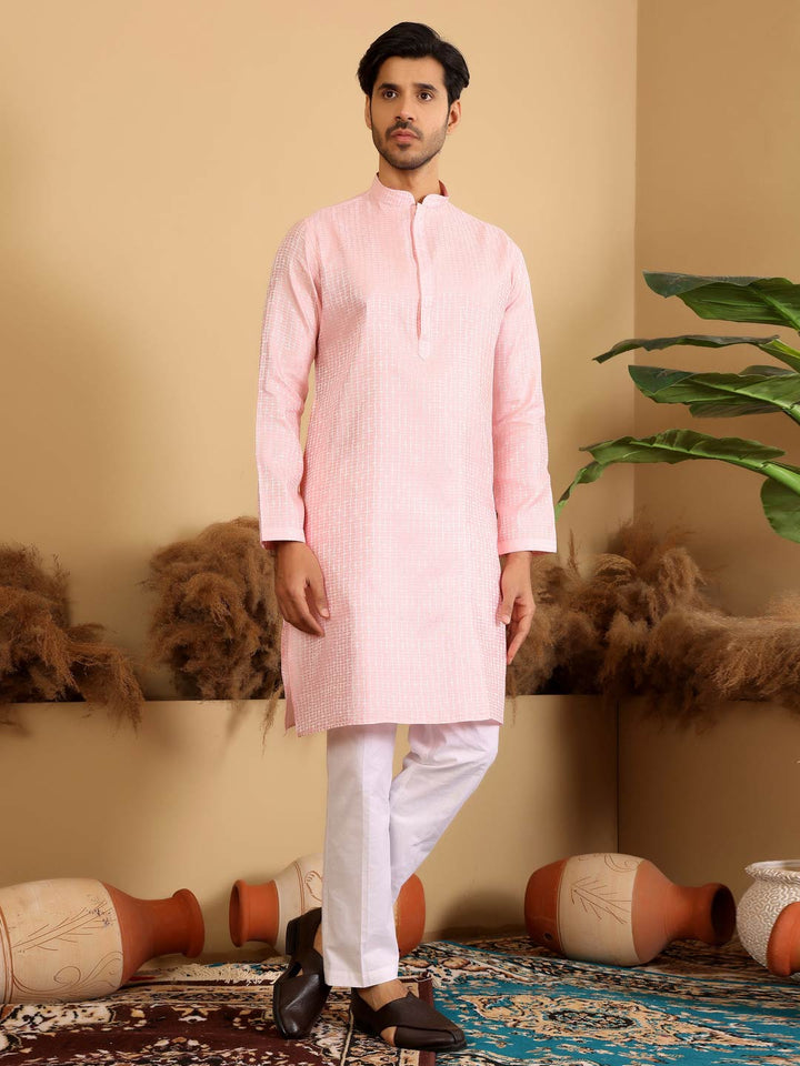 Pink Delux Cotton Straight Kurta with Embroidered Neck