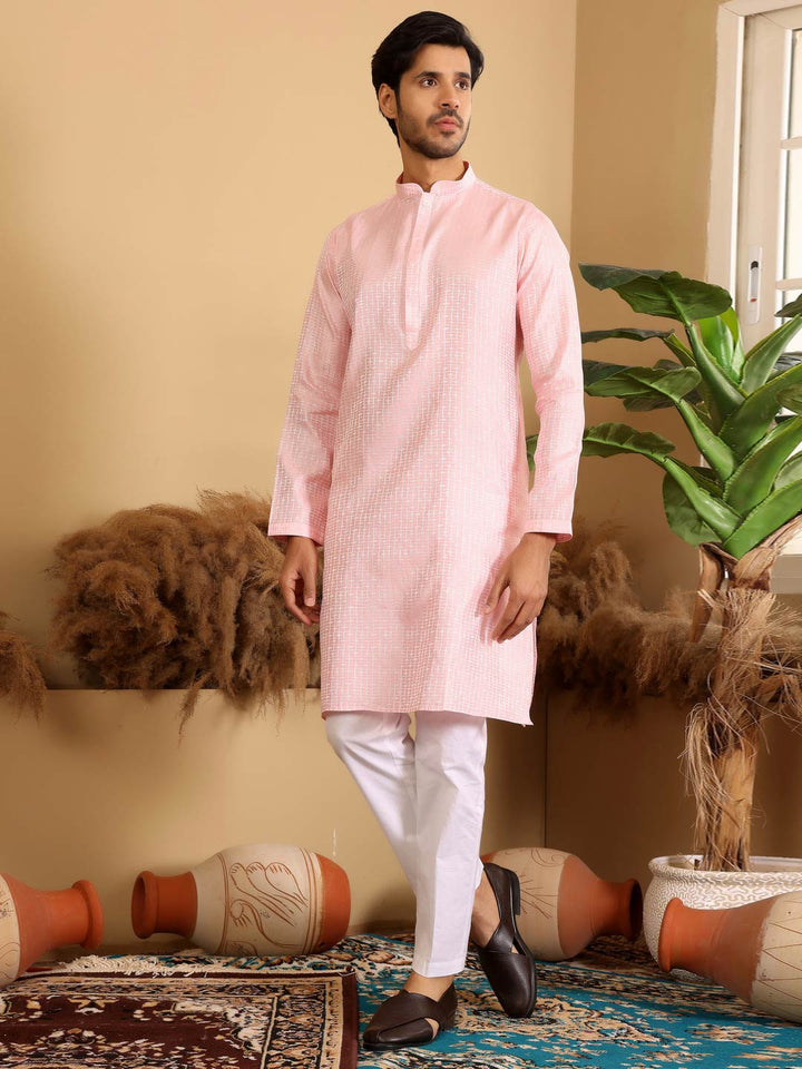 Pink Delux Cotton Straight Kurta with Embroidered Neck