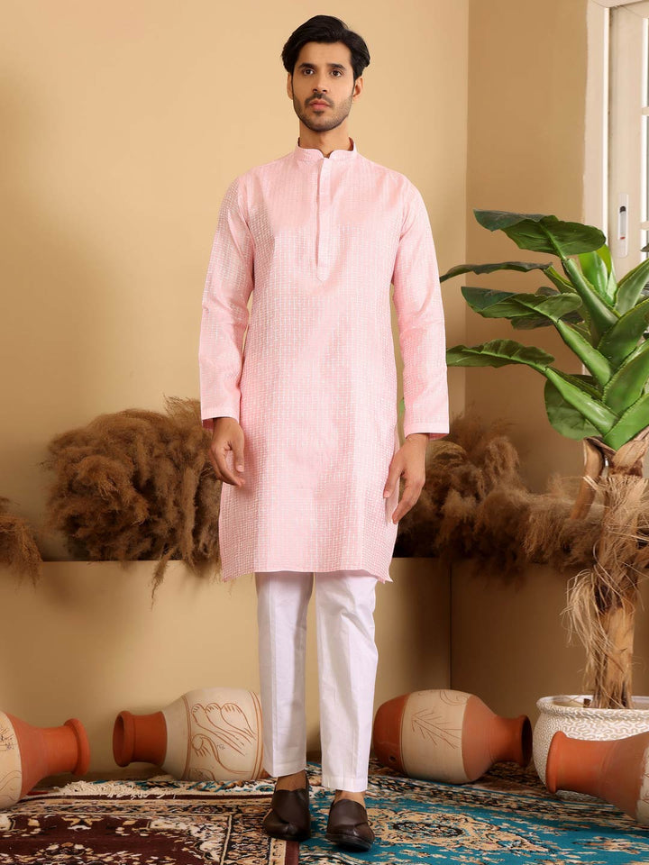 Pink Delux Cotton Straight Kurta with Embroidered Neck