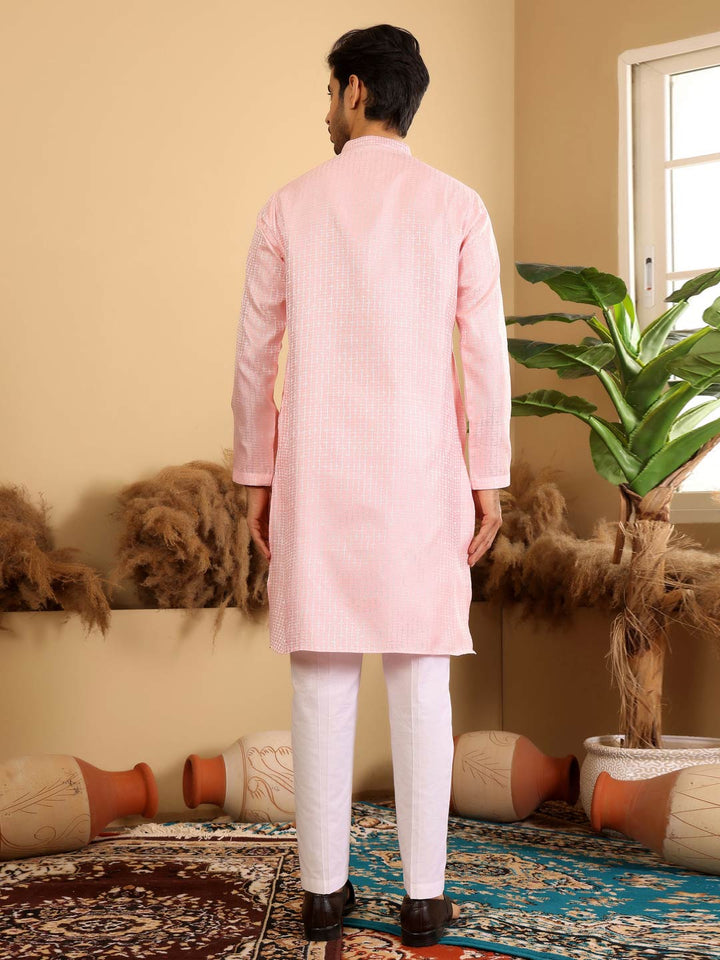 Pink Delux Cotton Straight Kurta with Embroidered Neck