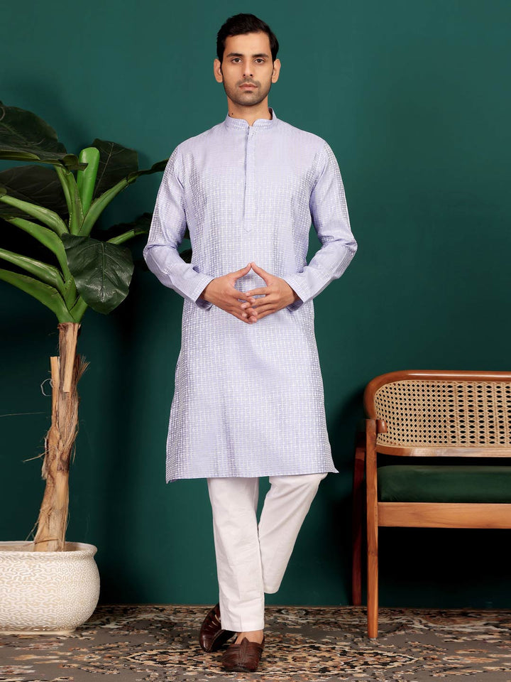 Light Violet-Silver Woven Jacquard Art Silk Straight Kurta