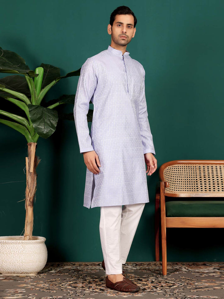 Light Violet-Silver Woven Jacquard Art Silk Straight Kurta