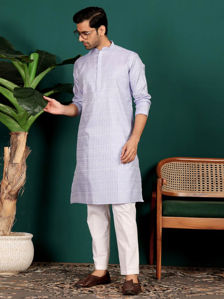 Light Violet-Silver Woven Jacquard Art Silk Straight Kurta