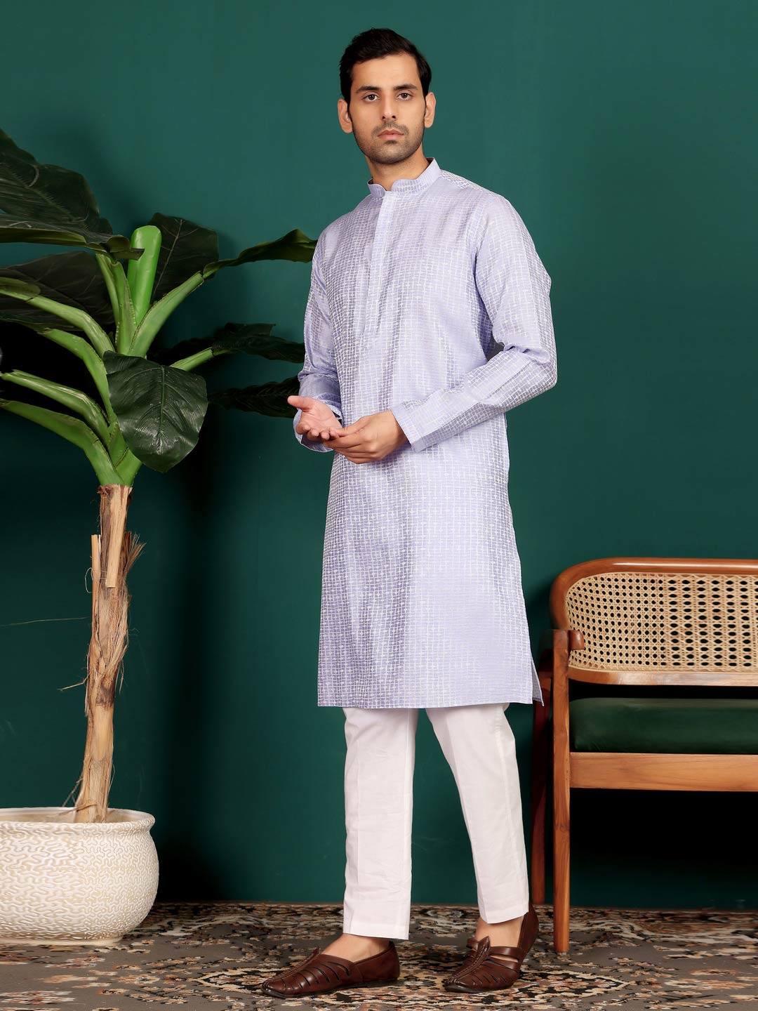 Light Violet-Silver Woven Jacquard Art Silk Straight Kurta