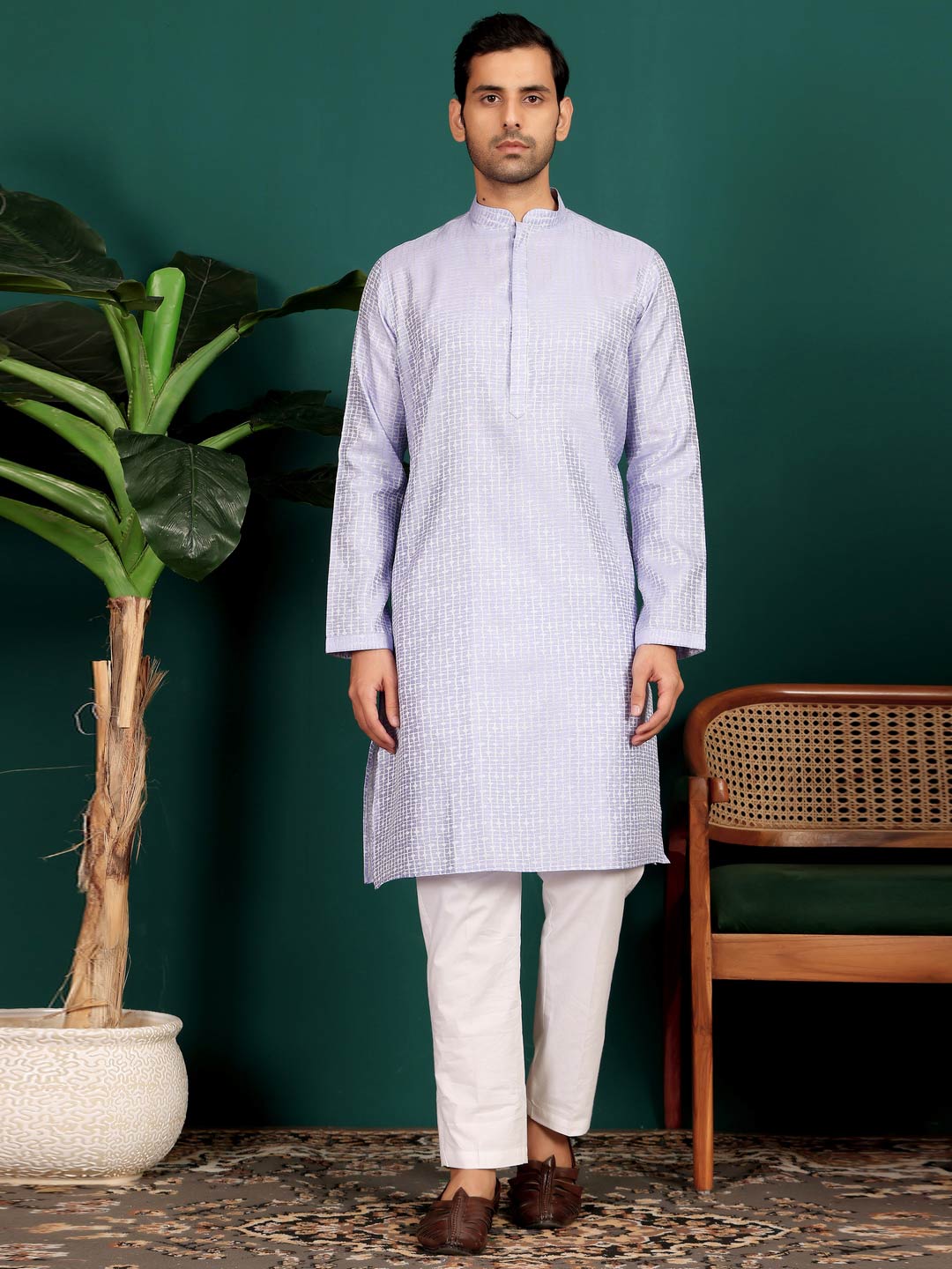 Light Violet-Silver Woven Jacquard Art Silk Straight Kurta