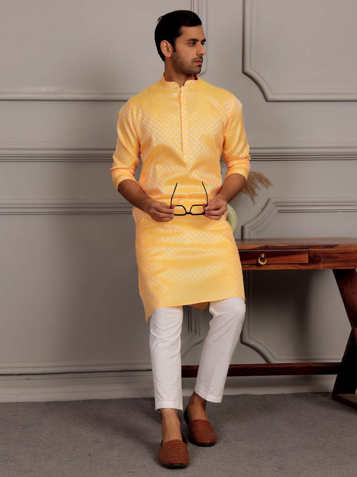 Turmeric Yellow-Silver Woven Jacquard Art Silk Straight Kurta