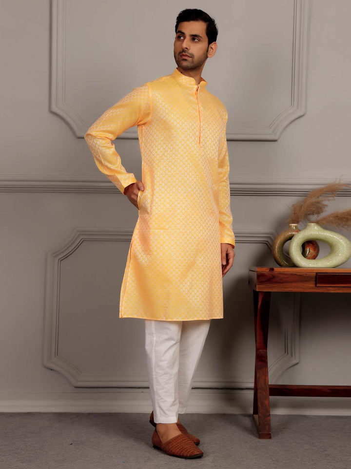 Turmeric Yellow-Silver Woven Jacquard Art Silk Straight Kurta