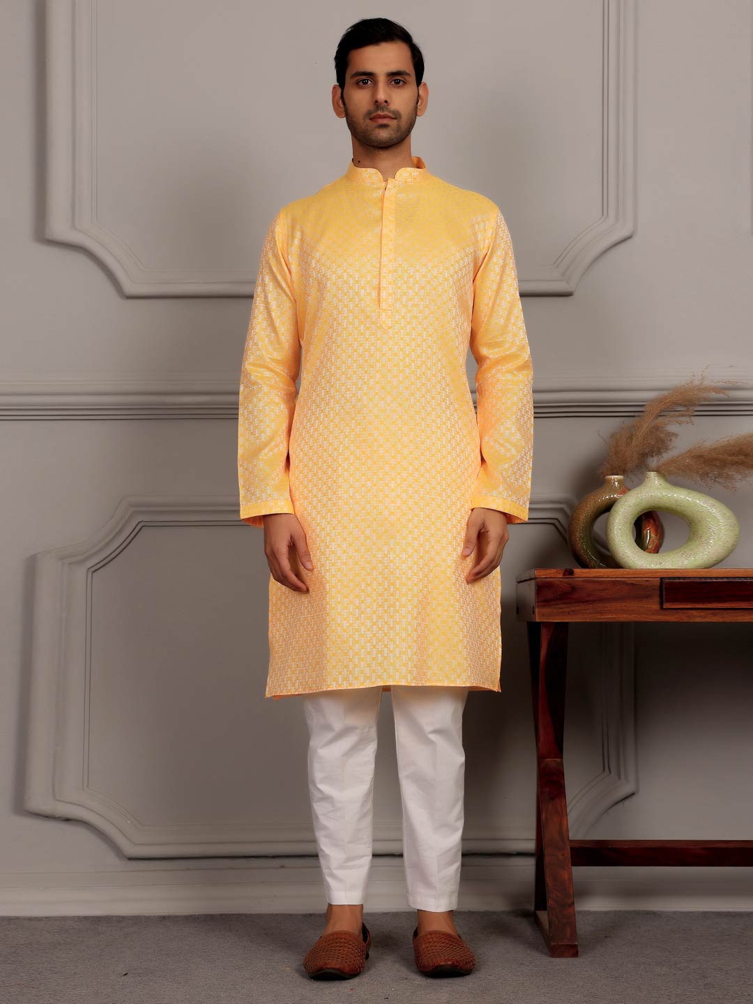 Turmeric Yellow-Silver Woven Jacquard Art Silk Straight Kurta