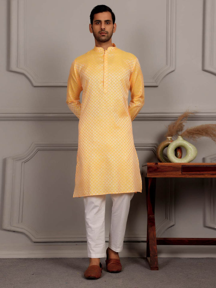 Turmeric Yellow-Silver Woven Jacquard Art Silk Straight Kurta
