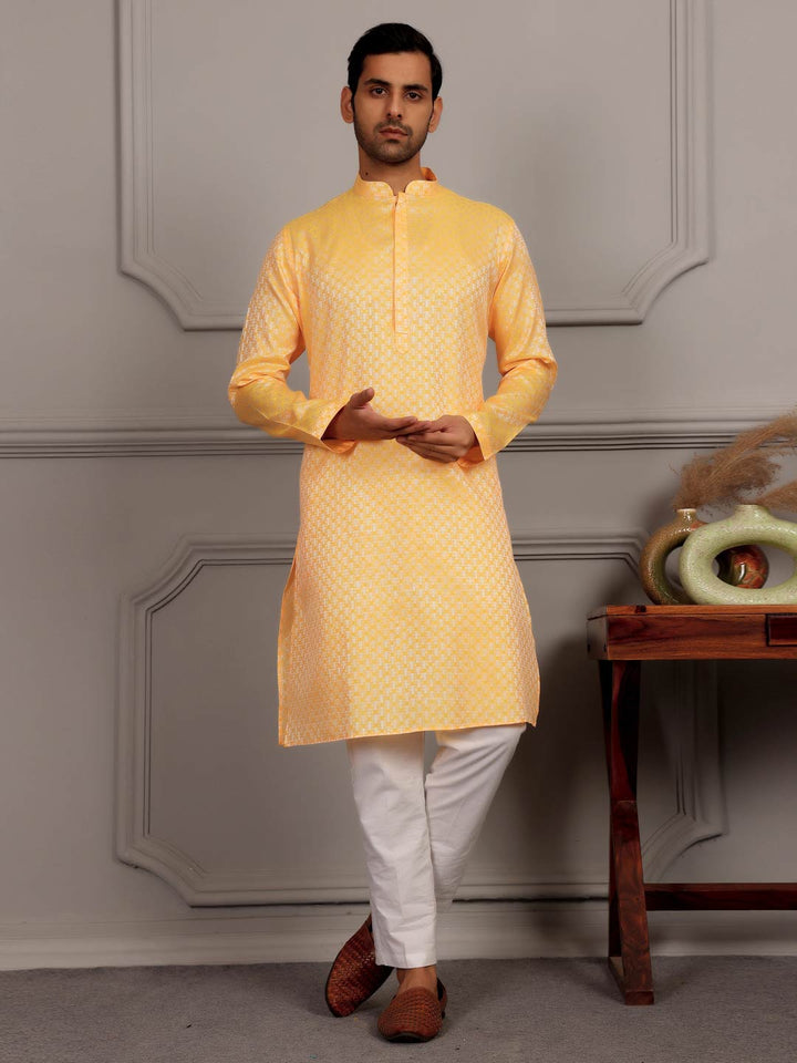 Turmeric Yellow-Silver Woven Jacquard Art Silk Straight Kurta