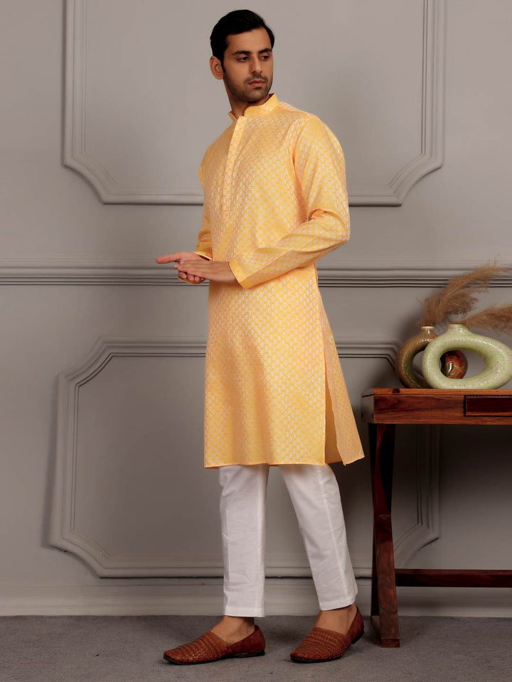 Turmeric Yellow-Silver Woven Jacquard Art Silk Straight Kurta