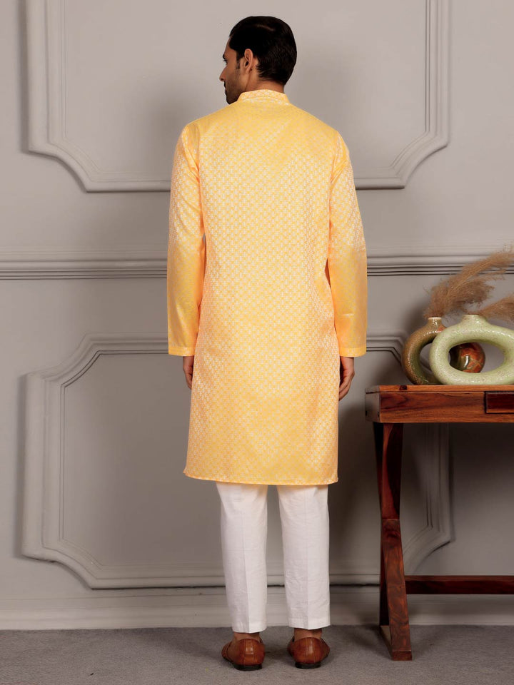 Turmeric Yellow-Silver Woven Jacquard Art Silk Straight Kurta