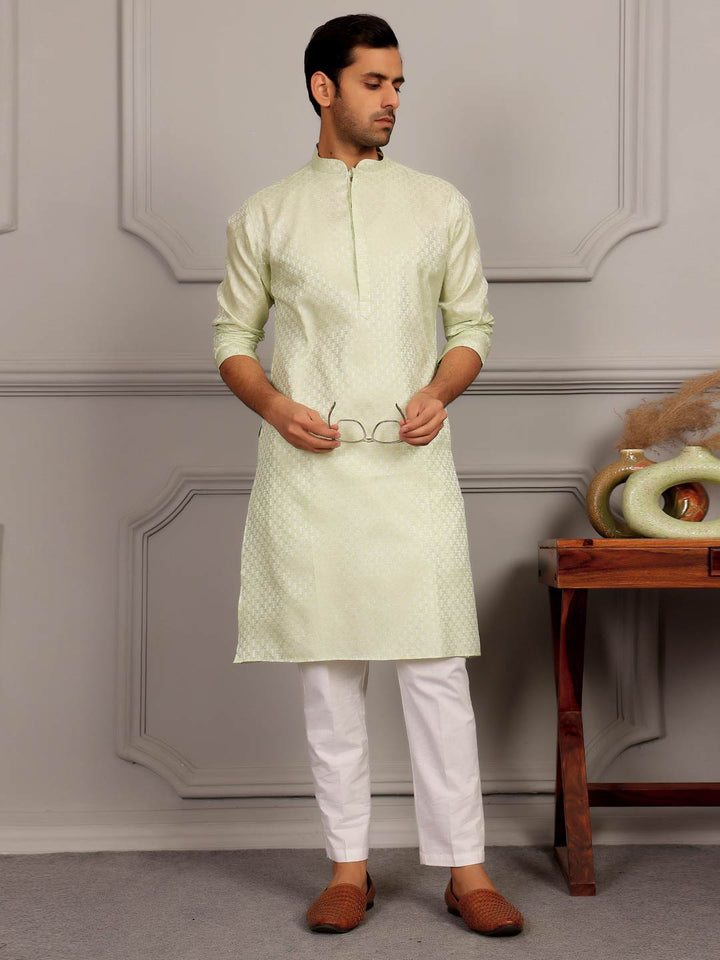 Pastel Green-Silver Woven Jacquard Art Silk Straight Kurta