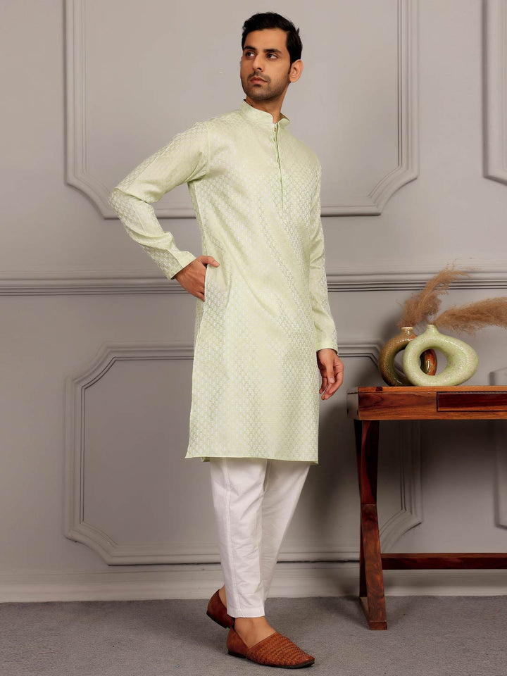 Pastel Green-Silver Woven Jacquard Art Silk Straight Kurta