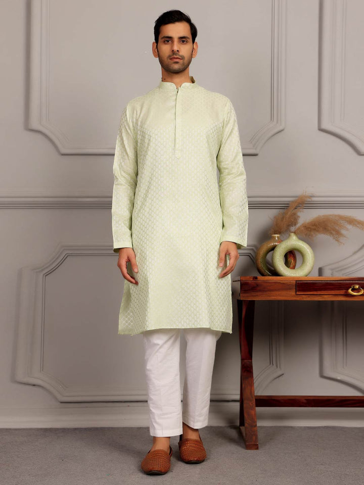 Pastel Green-Silver Woven Jacquard Art Silk Straight Kurta