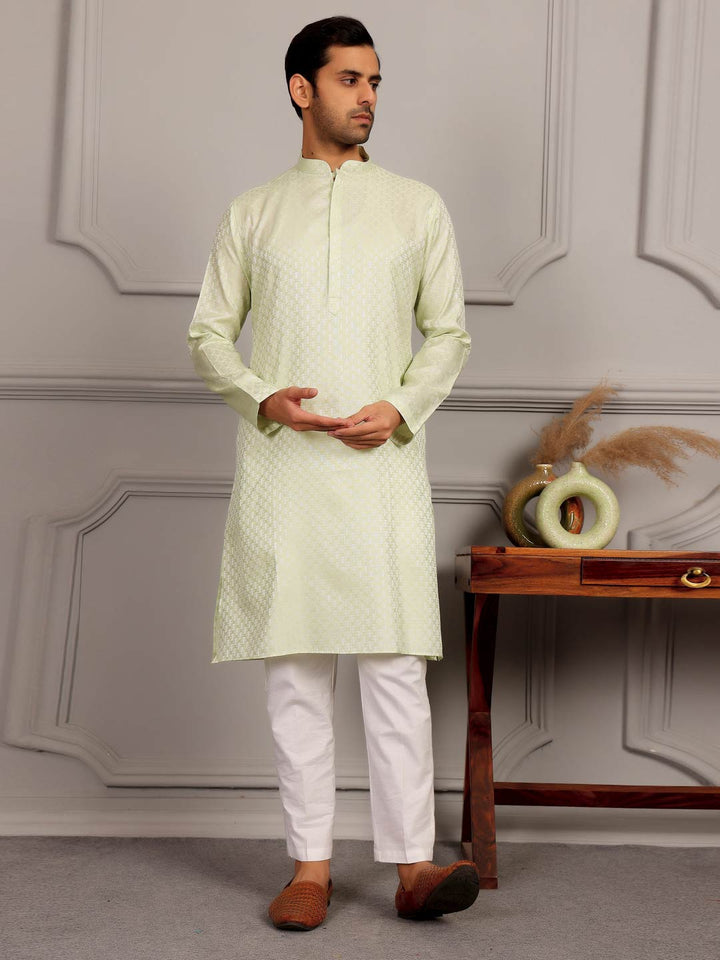 Pastel Green-Silver Woven Jacquard Art Silk Straight Kurta