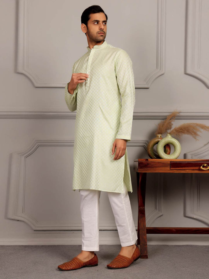 Pastel Green-Silver Woven Jacquard Art Silk Straight Kurta