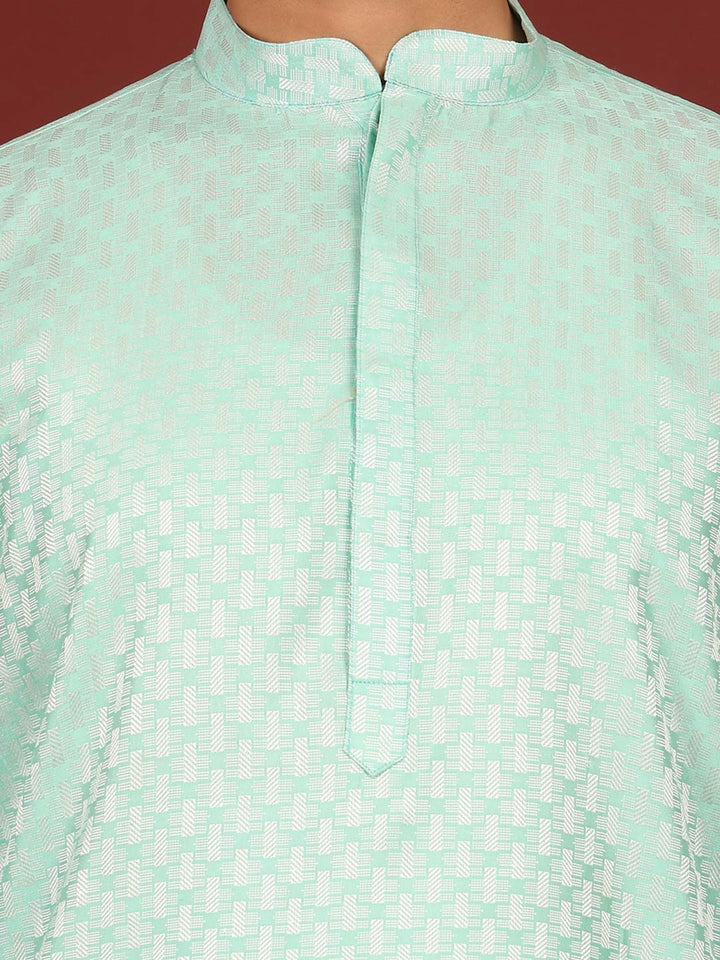 Aqua Green-Silver Woven Jacquard Art Silk Straight Kurta