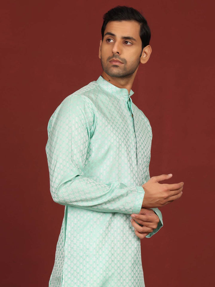 Aqua Green-Silver Woven Jacquard Art Silk Straight Kurta