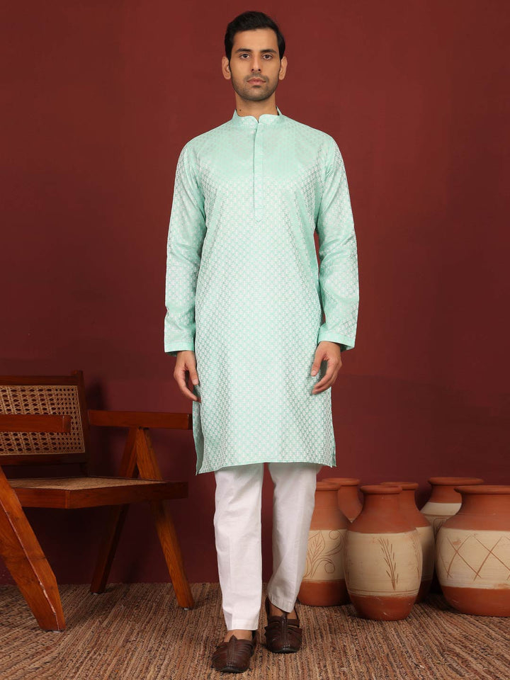 Aqua Green-Silver Woven Jacquard Art Silk Straight Kurta
