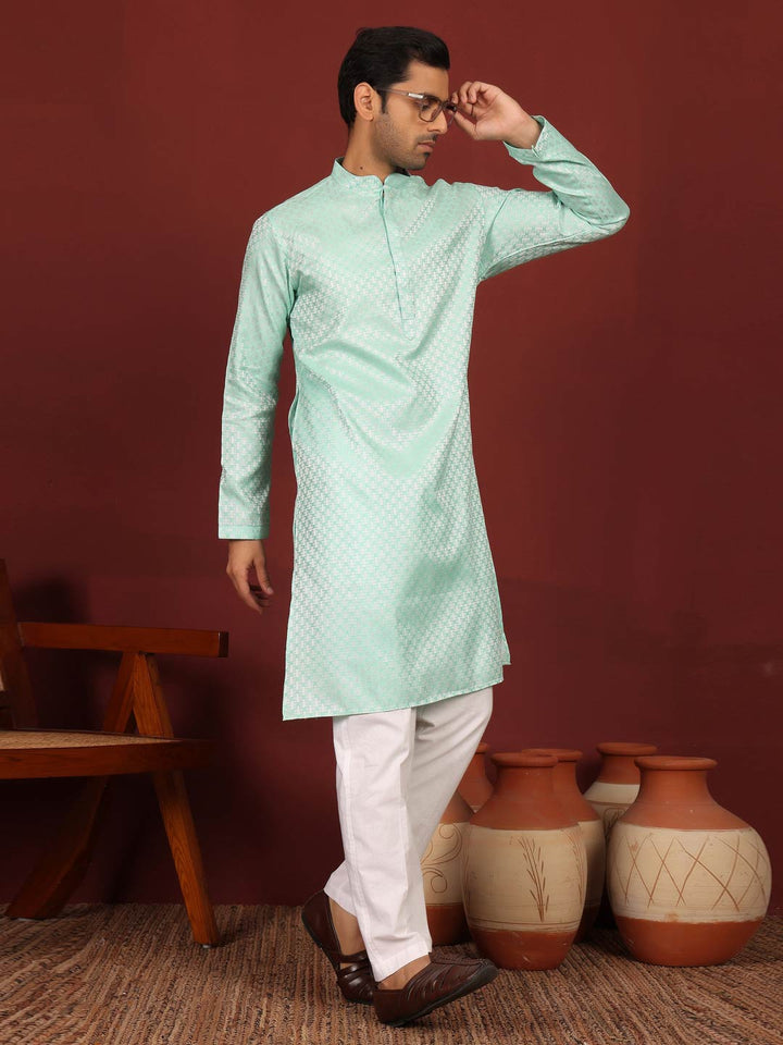 Aqua Green-Silver Woven Jacquard Art Silk Straight Kurta