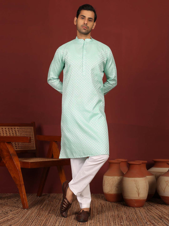 Aqua Green-Silver Woven Jacquard Art Silk Straight Kurta