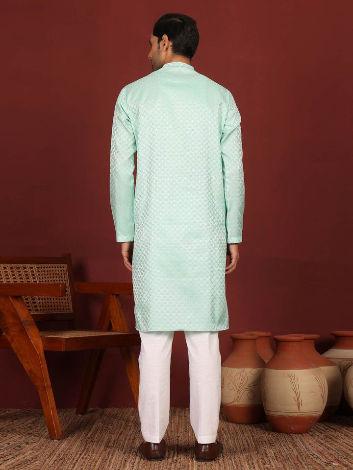 Aqua Green-Silver Woven Jacquard Art Silk Straight Kurta