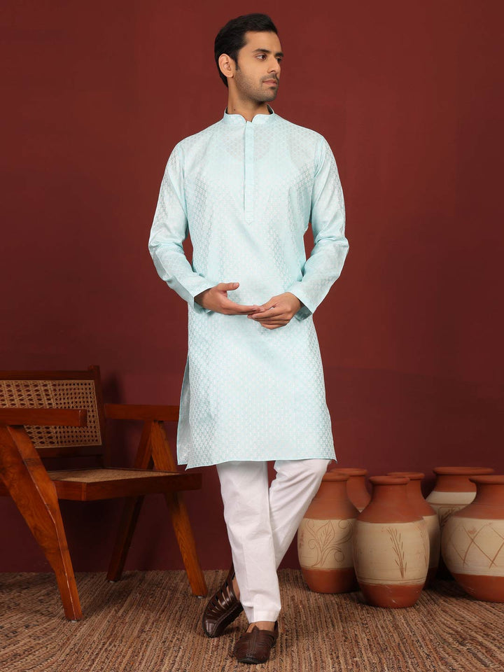 Ice Blue-Silver Woven Jacquard Art Silk Straight Kurta