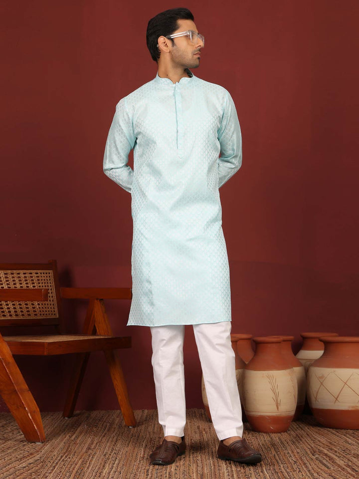 Ice Blue-Silver Woven Jacquard Art Silk Straight Kurta
