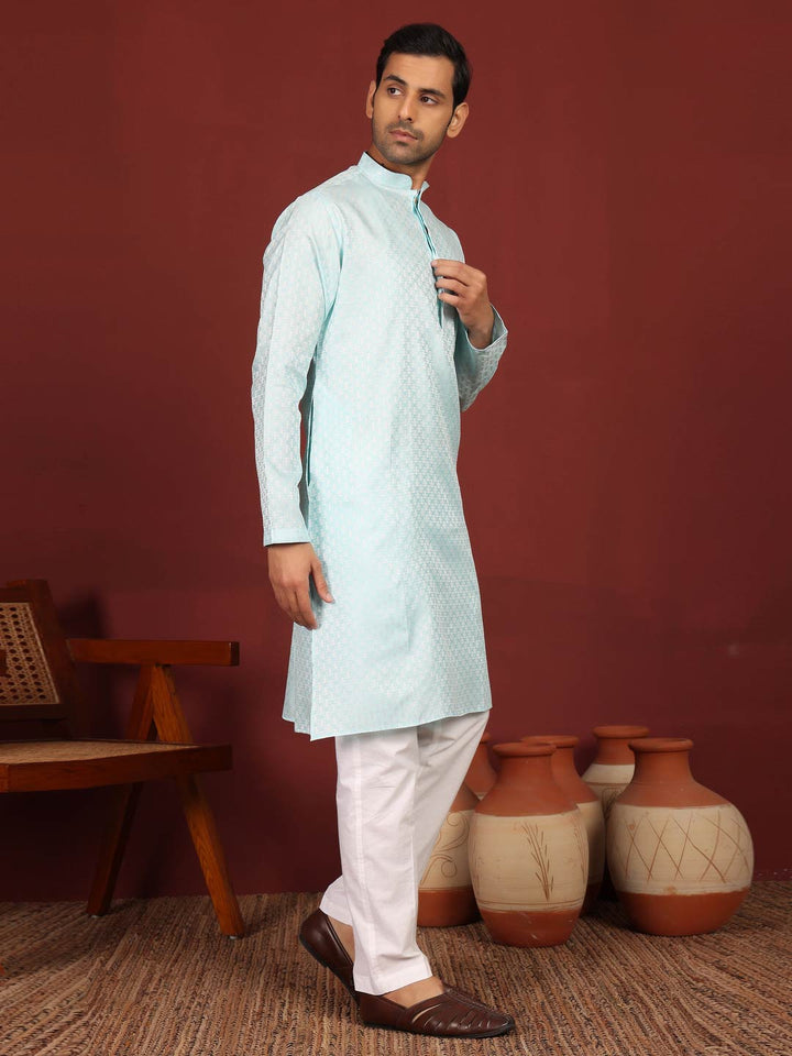 Ice Blue-Silver Woven Jacquard Art Silk Straight Kurta