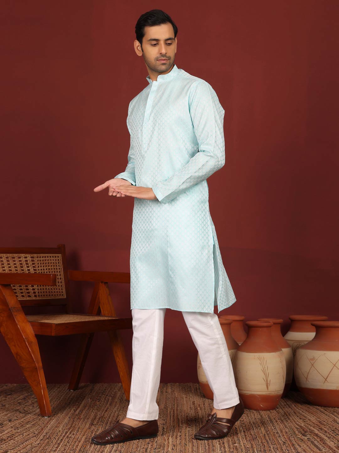 Ice Blue-Silver Woven Jacquard Art Silk Straight Kurta