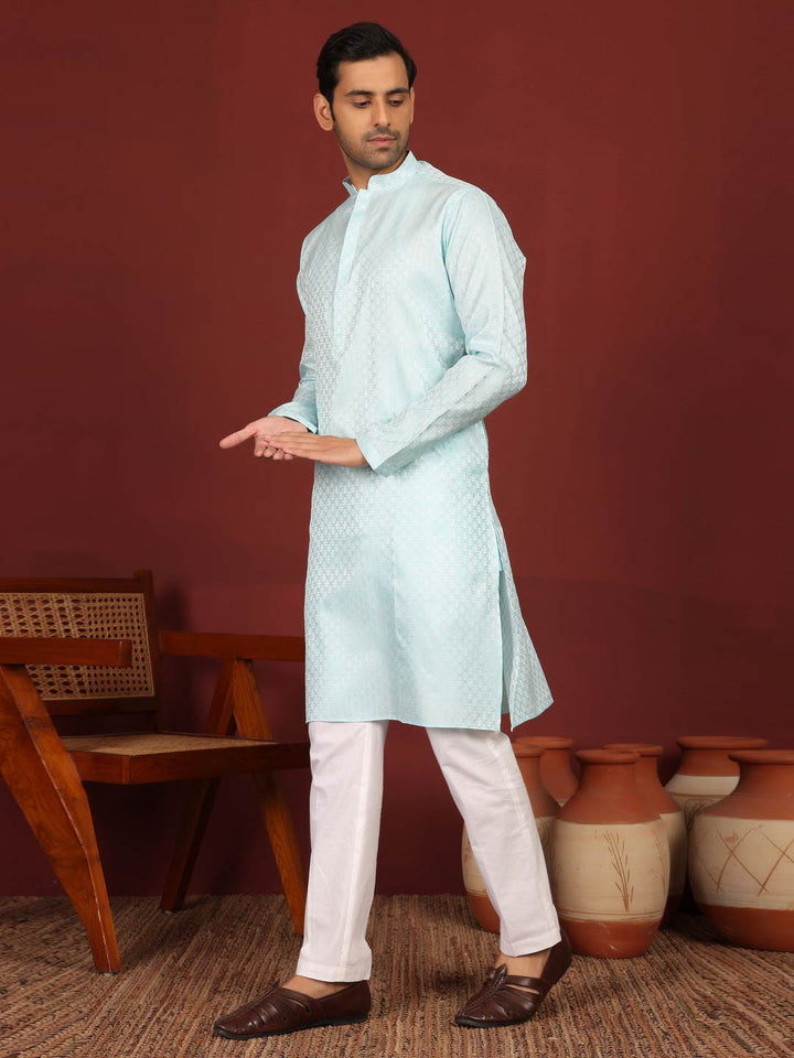 Ice Blue-Silver Woven Jacquard Art Silk Straight Kurta