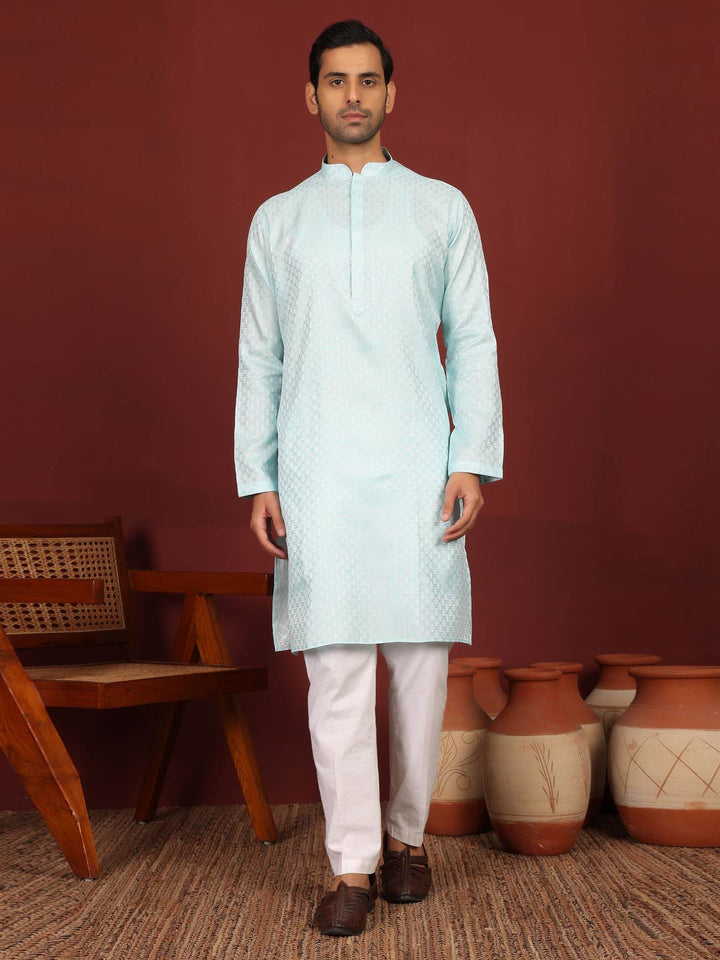 Ice Blue-Silver Woven Jacquard Art Silk Straight Kurta