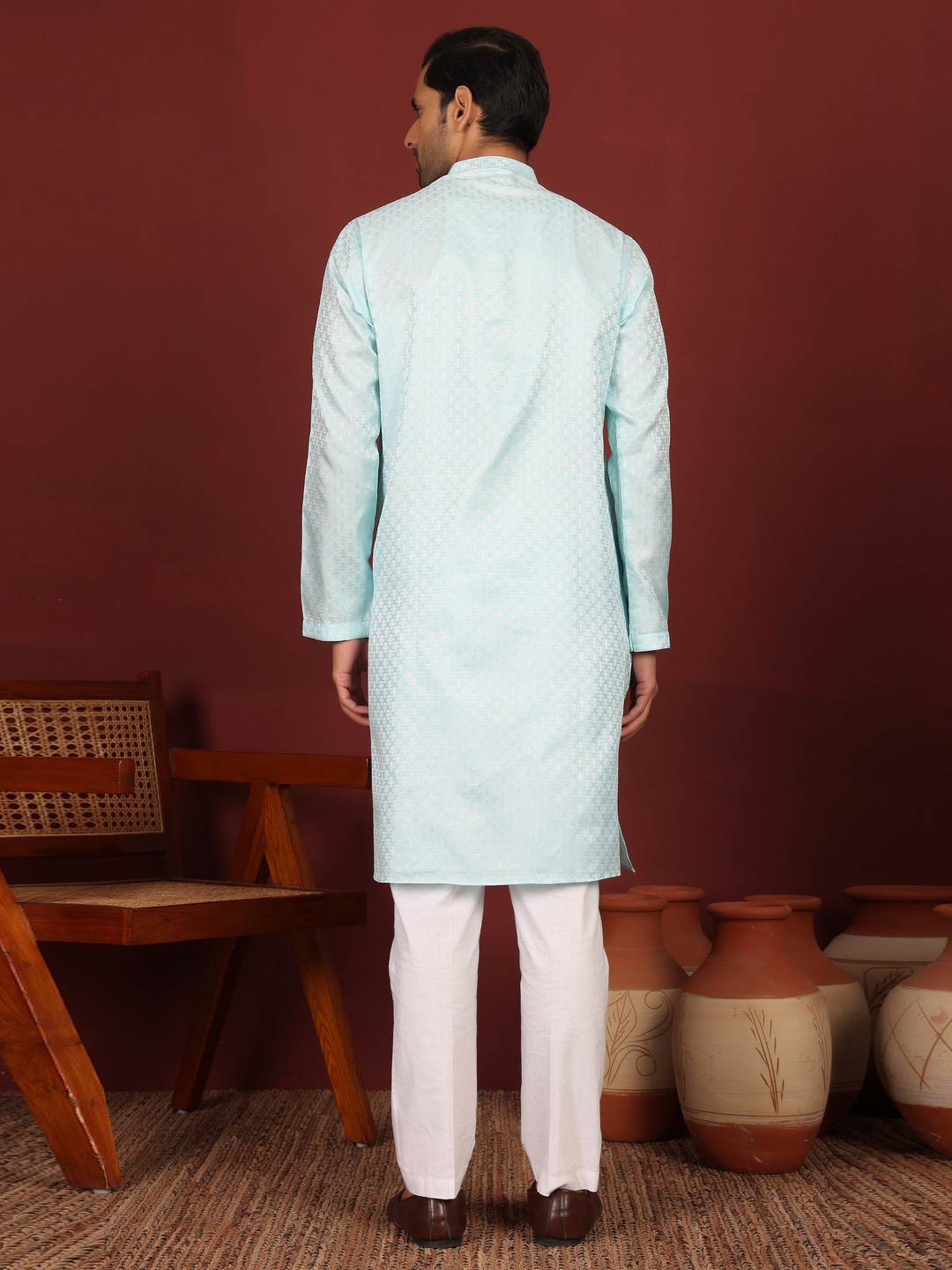 Ice Blue-Silver Woven Jacquard Art Silk Straight Kurta