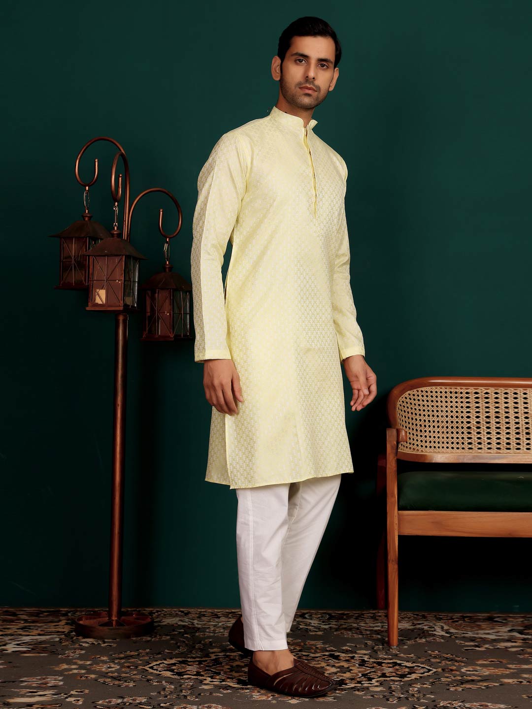 Light Yellow-Silver Woven Jacquard Art Silk Straight Kurta